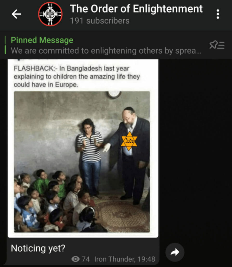 Anti-Semitic image from Patriotic Alternative Telegram Group