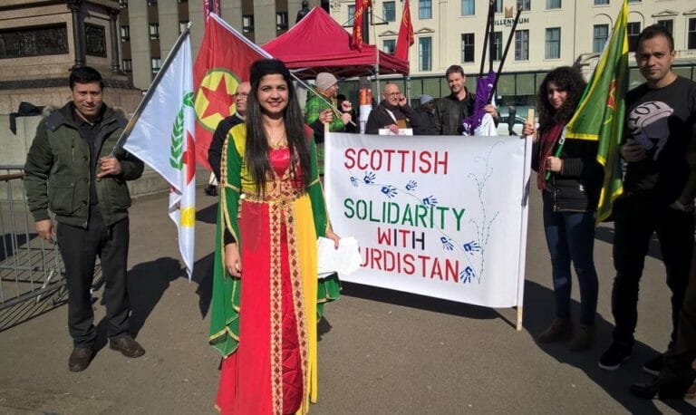 Roza Salih in Kurdish dress at an anti-racist rally in Glasgow last month.