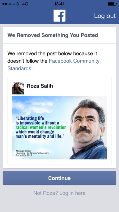 Roza Salih was banned for 30 days by Facebook for posting a cover image of imprisoned Kurdish leader Abdullah Ocalan.