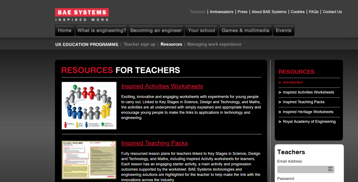Screen grab from BAE website showing resources for schools
