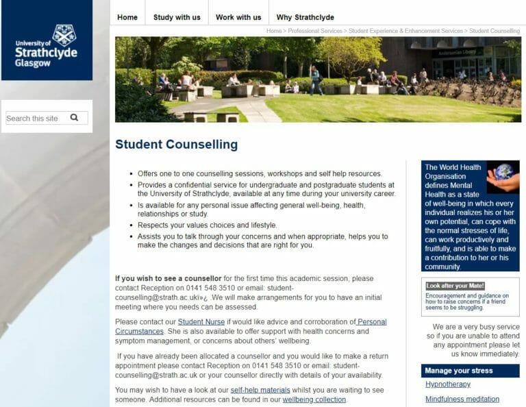 Strathclyde University's student counselling homepage
