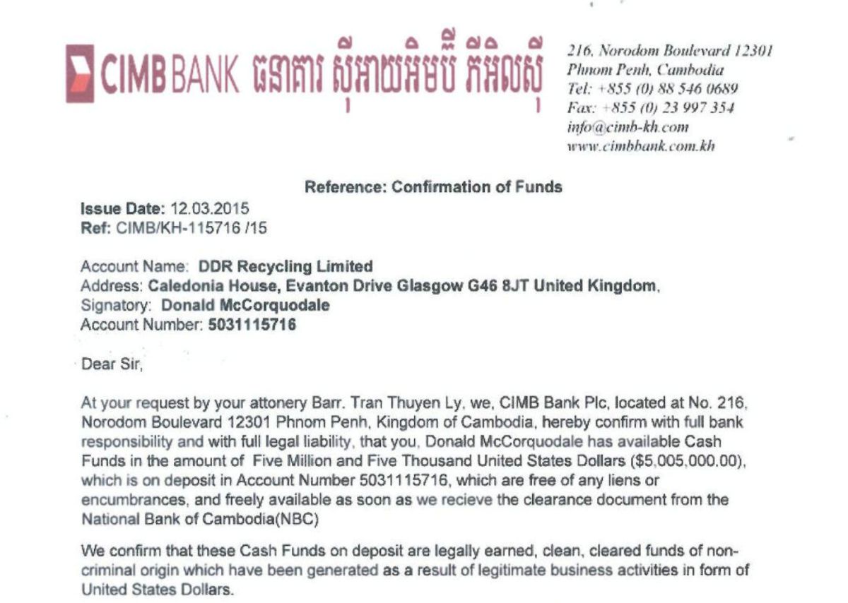 Cambodian bank confirmation of funds