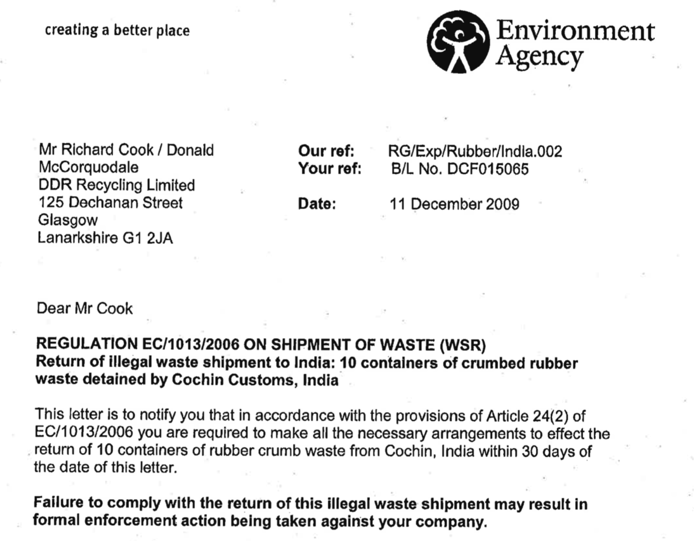 Environment Agency Letter to Richard Cook