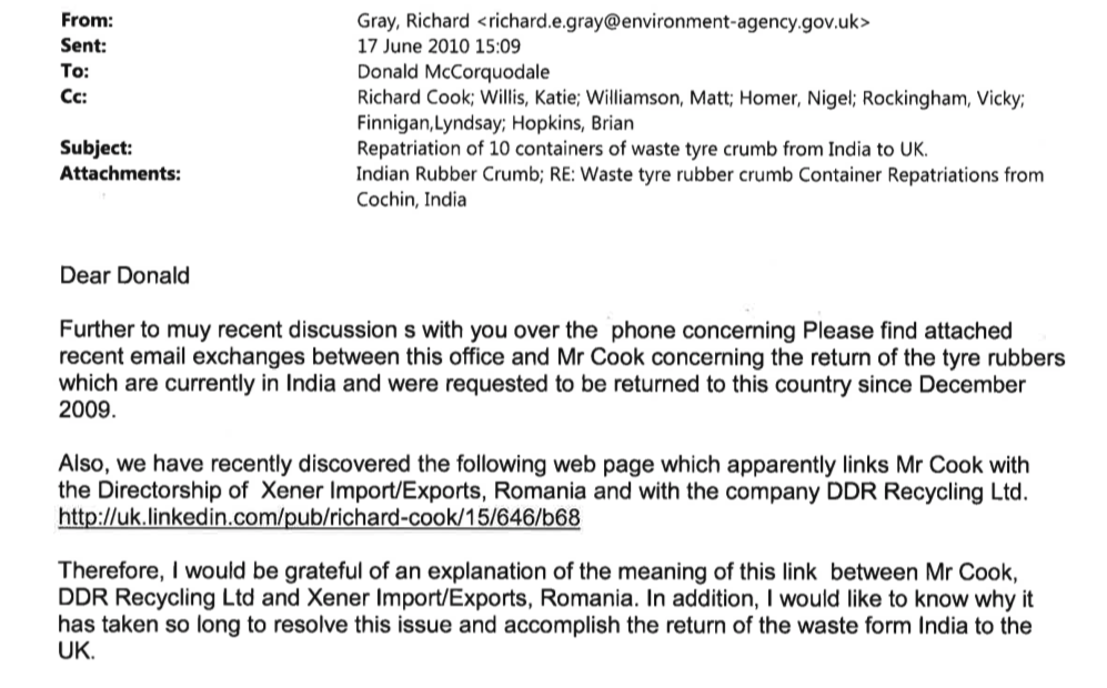 Environment Agency email to Richard Cook