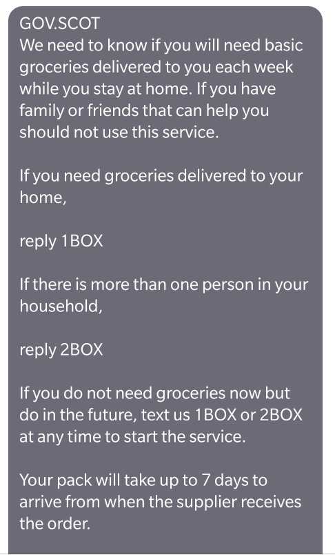 Text message sent from Scottish Government Covid19 support service for vulnerable people.