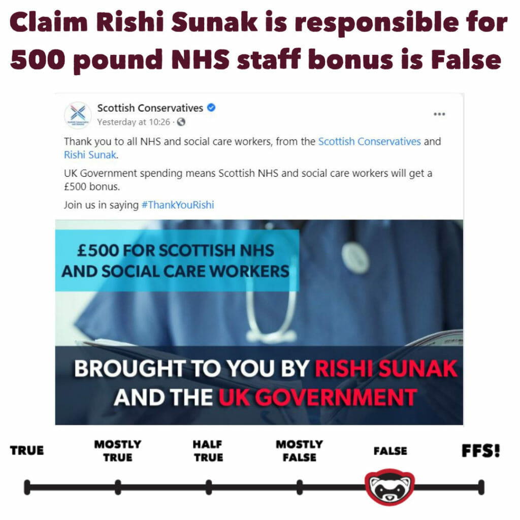 Claim Rishi Sunak is responsible for £500 NHS staff bonus is False 4