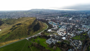 Aerial View Iconic Landmarks Arthur's Seat Hill in Edinburgh Scotland UK