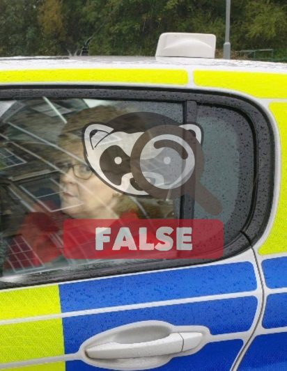Digitally altered picture of Nicola Sturgeon in a police car with Ferret False logo