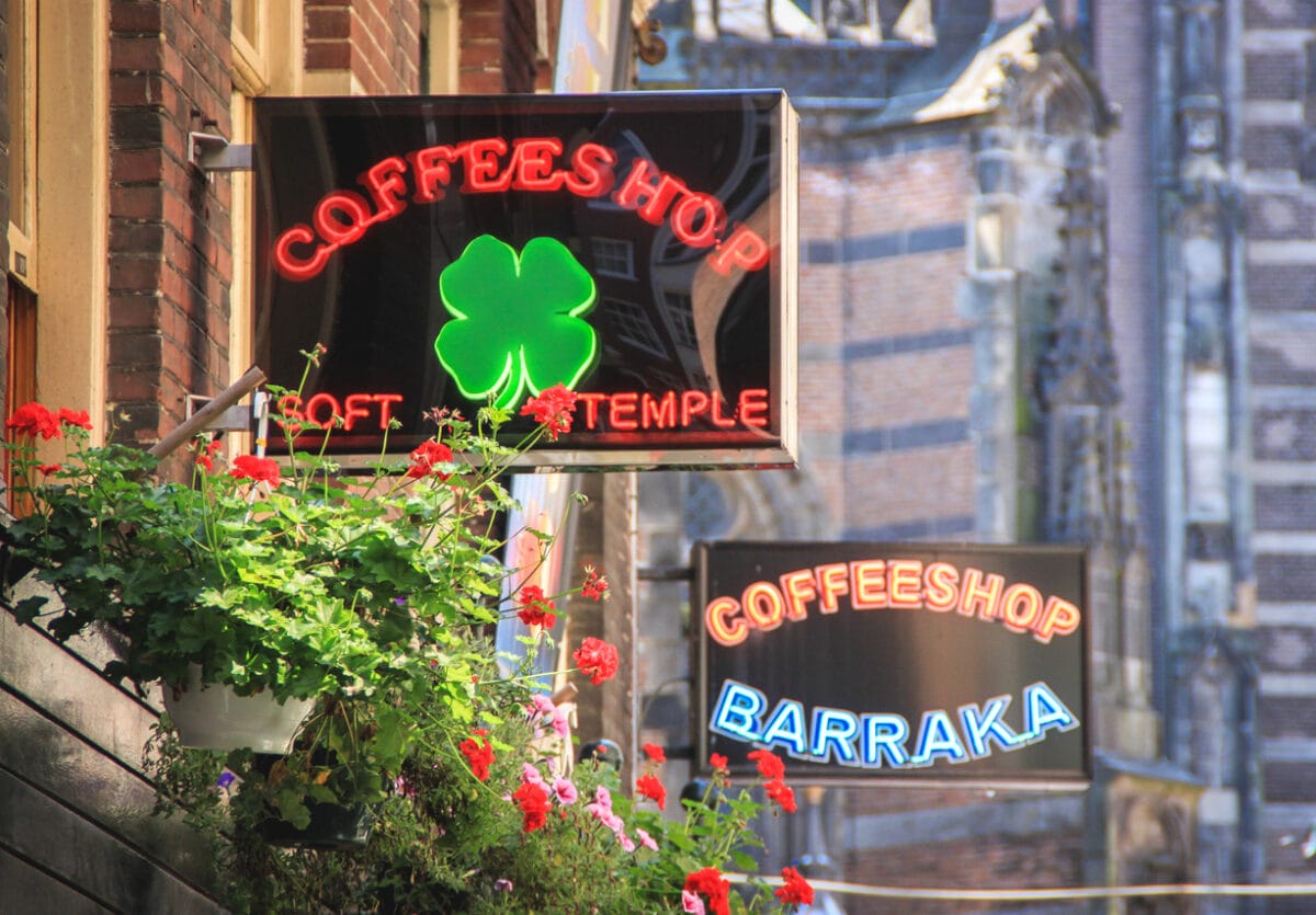 Cannabis coffee shop signs in Amsterdam after decriminalisation.